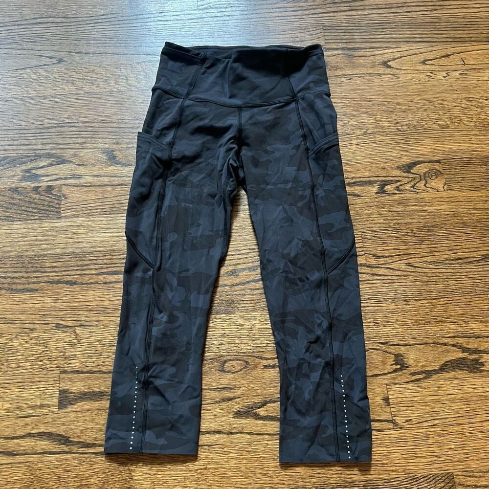 Lululemon Womens Black Camouflage Fast And Free High Rise Crop Leggings Size 4